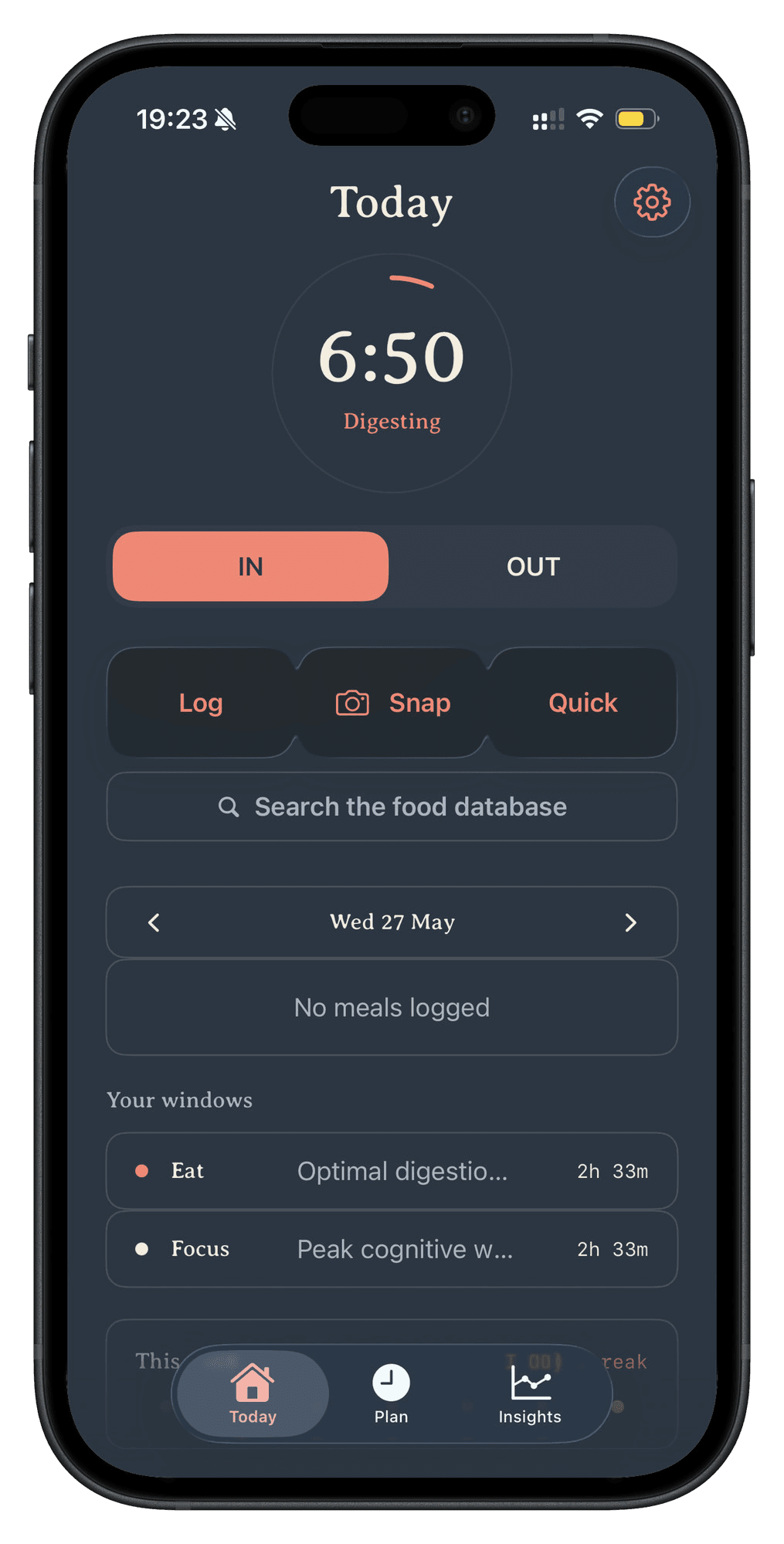 The Suna app Today screen, showing the digestion clock and food logging