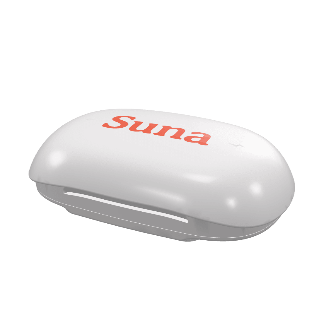 The Suna device, a small white wearable with the coral wordmark on the lid